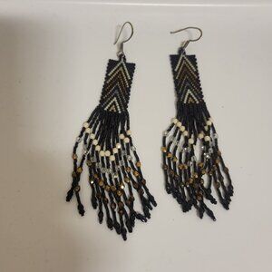 Native American Glass Pearl Seed Bead 5" Dangle Hook Earrings Black Multi Boho